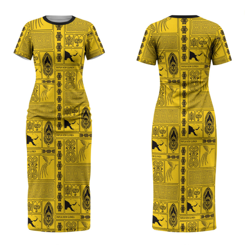 Papua New Guinea Heritage Motif Couples Matching Short Sleeve Bodycon Dress and Long Sleeve Button Shirt Yellow Version