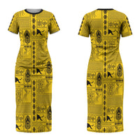 Papua New Guinea Heritage Motif Couples Matching Short Sleeve Bodycon Dress and Long Sleeve Button Shirt Yellow Version