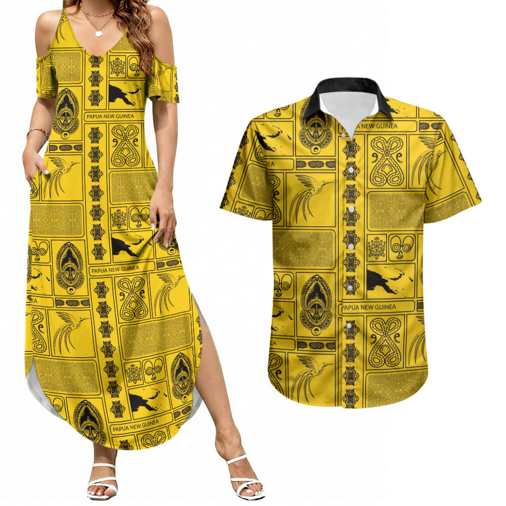 Papua New Guinea Heritage Motif Couples Matching Summer Maxi Dress and Hawaiian Shirt Yellow Version