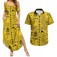 Papua New Guinea Heritage Motif Couples Matching Summer Maxi Dress and Hawaiian Shirt Yellow Version
