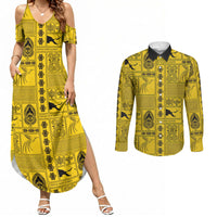 Papua New Guinea Heritage Motif Couples Matching Summer Maxi Dress and Long Sleeve Button Shirt Yellow Version