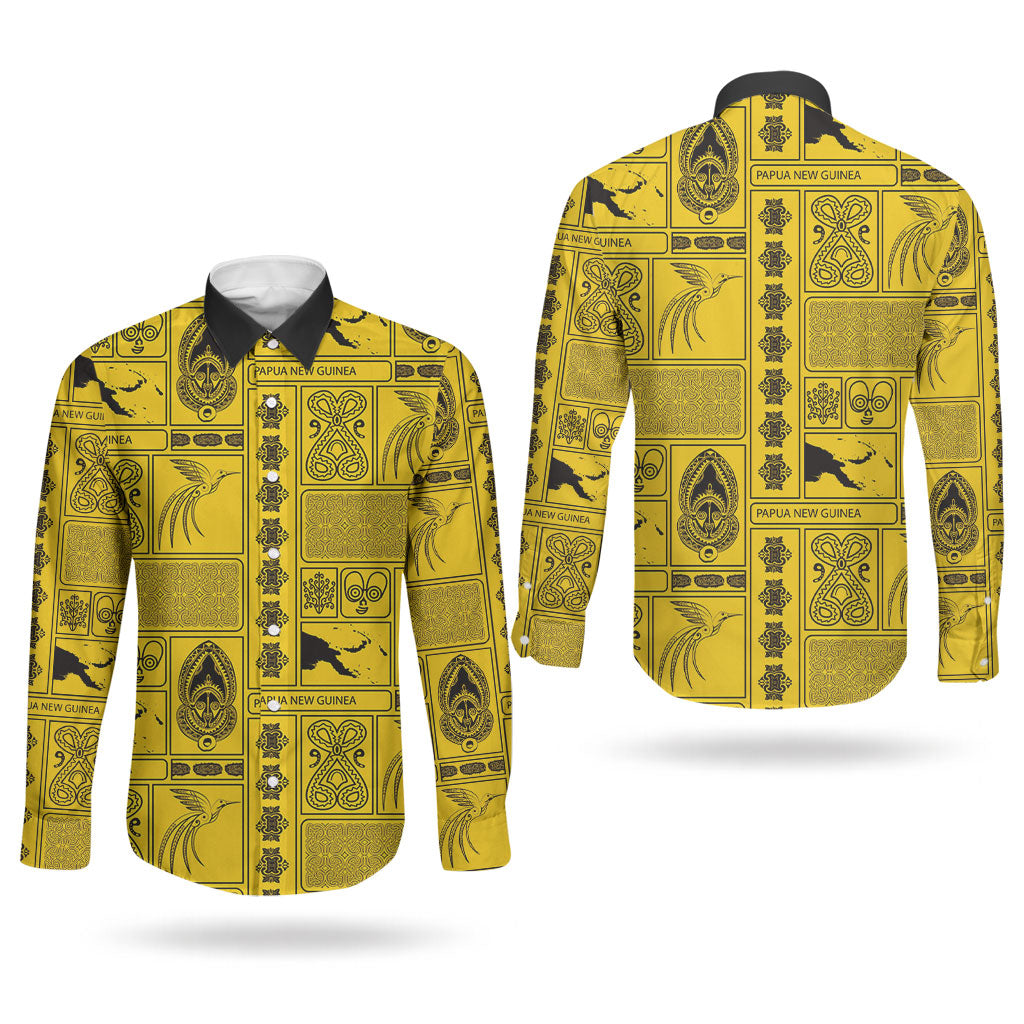 Papua New Guinea Heritage Motif Couples Matching Summer Maxi Dress and Long Sleeve Button Shirt Yellow Version
