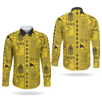 Papua New Guinea Heritage Motif Couples Matching Summer Maxi Dress and Long Sleeve Button Shirt Yellow Version