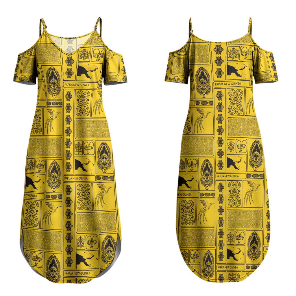 Papua New Guinea Heritage Motif Couples Matching Summer Maxi Dress and Long Sleeve Button Shirt Yellow Version