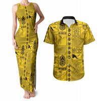 Papua New Guinea Heritage Motif Couples Matching Tank Maxi Dress and Hawaiian Shirt Yellow Version