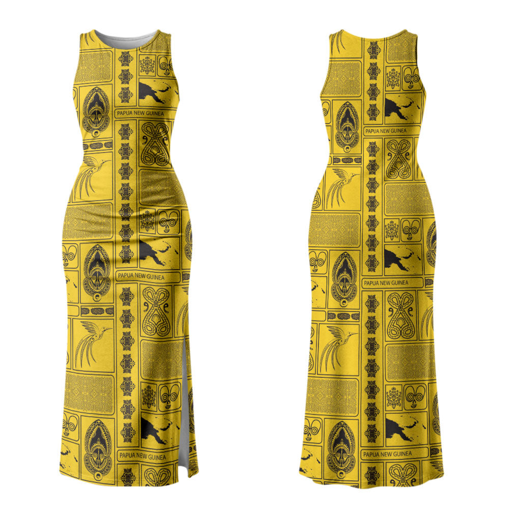 Papua New Guinea Heritage Motif Couples Matching Tank Maxi Dress and Hawaiian Shirt Yellow Version