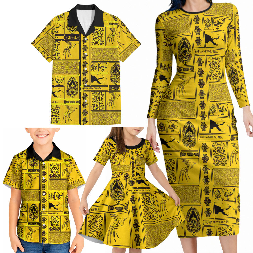 Papua New Guinea Heritage Motif Family Matching Long Sleeve Bodycon Dress and Hawaiian Shirt Yellow Version