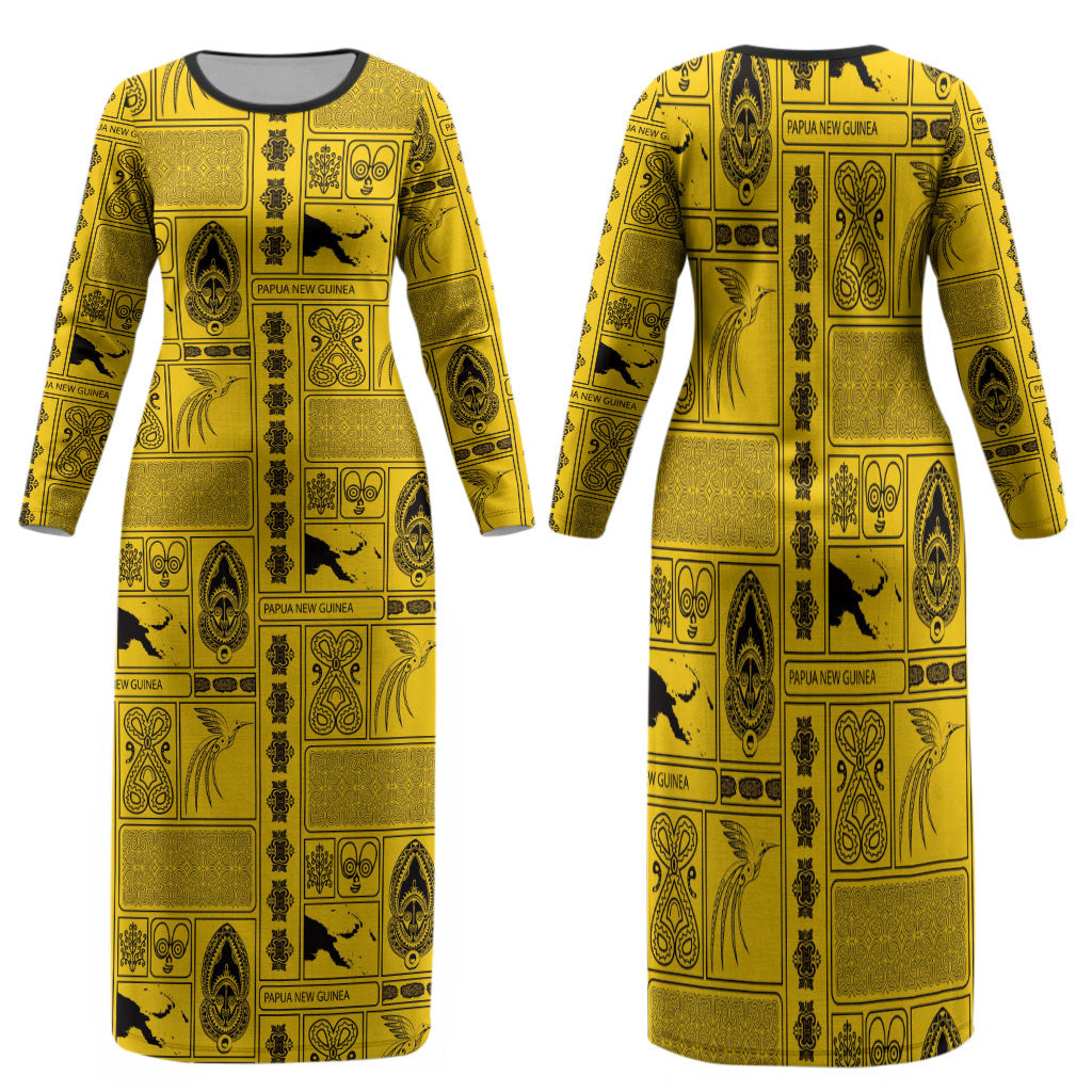 Papua New Guinea Heritage Motif Family Matching Long Sleeve Bodycon Dress and Hawaiian Shirt Yellow Version