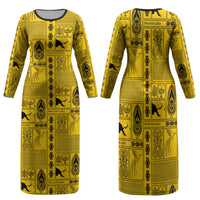 Papua New Guinea Heritage Motif Family Matching Long Sleeve Bodycon Dress and Hawaiian Shirt Yellow Version
