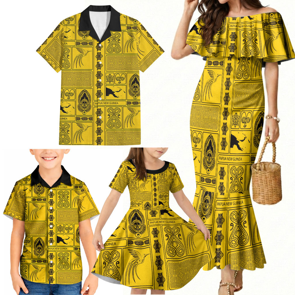 Papua New Guinea Heritage Motif Family Matching Mermaid Dress and Hawaiian Shirt Yellow Version