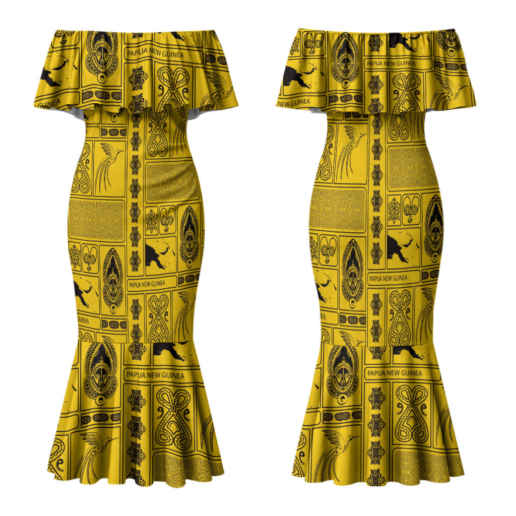 Papua New Guinea Heritage Motif Family Matching Mermaid Dress and Hawaiian Shirt Yellow Version
