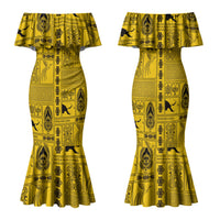 Papua New Guinea Heritage Motif Family Matching Mermaid Dress and Hawaiian Shirt Yellow Version