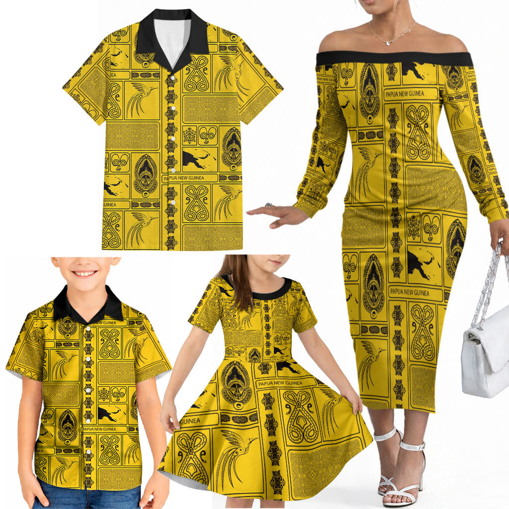 Papua New Guinea Heritage Motif Family Matching Off The Shoulder Long Sleeve Dress and Hawaiian Shirt Yellow Version LT05 - Polynesian Pride