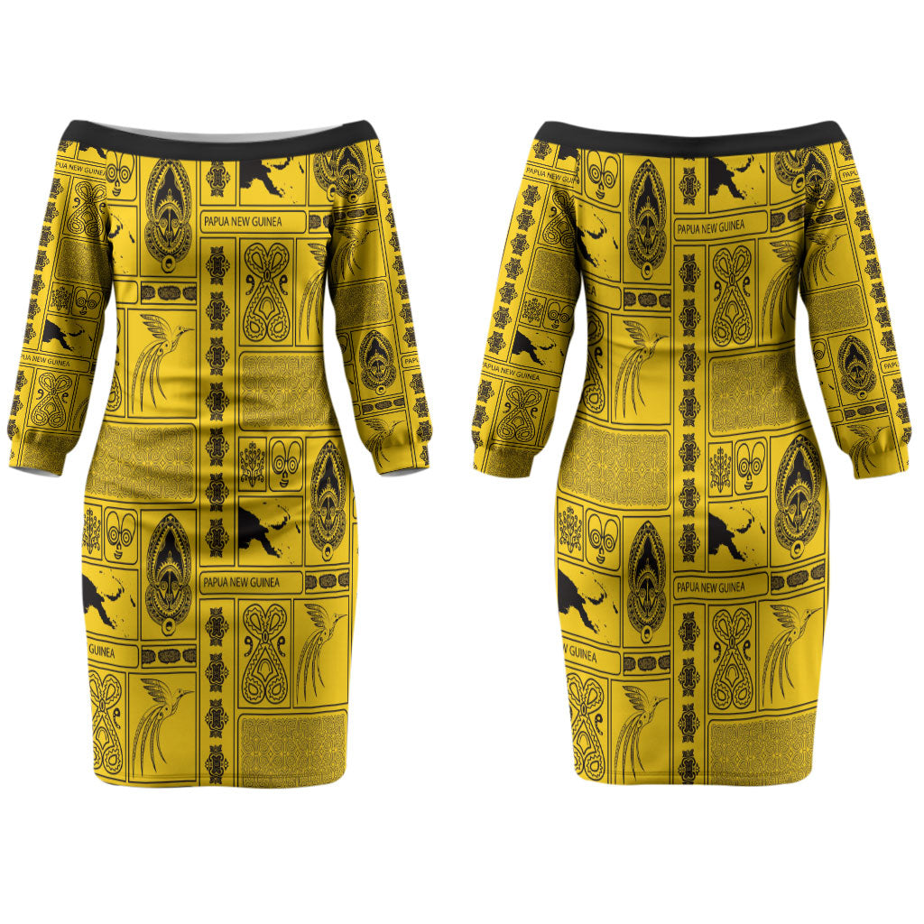 Papua New Guinea Heritage Motif Family Matching Off The Shoulder Long Sleeve Dress and Hawaiian Shirt Yellow Version