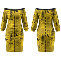 Papua New Guinea Heritage Motif Family Matching Off The Shoulder Long Sleeve Dress and Hawaiian Shirt Yellow Version