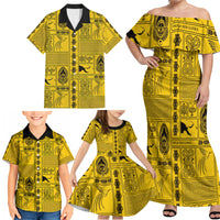 Papua New Guinea Heritage Motif Family Matching Off Shoulder Maxi Dress and Hawaiian Shirt Yellow Version