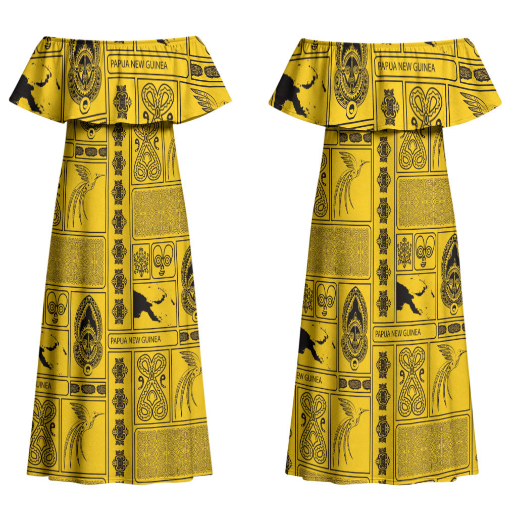 Papua New Guinea Heritage Motif Family Matching Off Shoulder Maxi Dress and Hawaiian Shirt Yellow Version