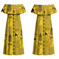 Papua New Guinea Heritage Motif Family Matching Off Shoulder Maxi Dress and Hawaiian Shirt Yellow Version
