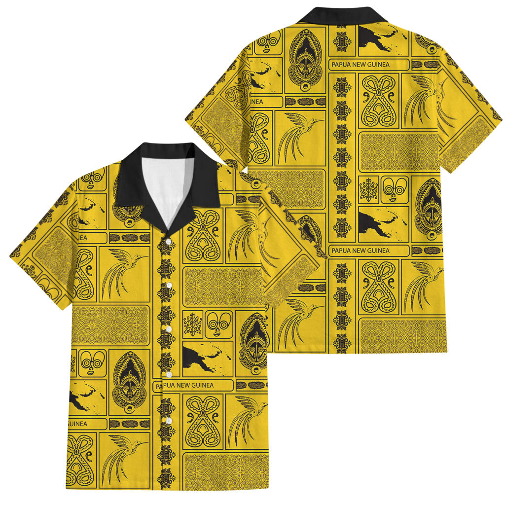 Papua New Guinea Heritage Motif Family Matching Off Shoulder Maxi Dress and Hawaiian Shirt Yellow Version