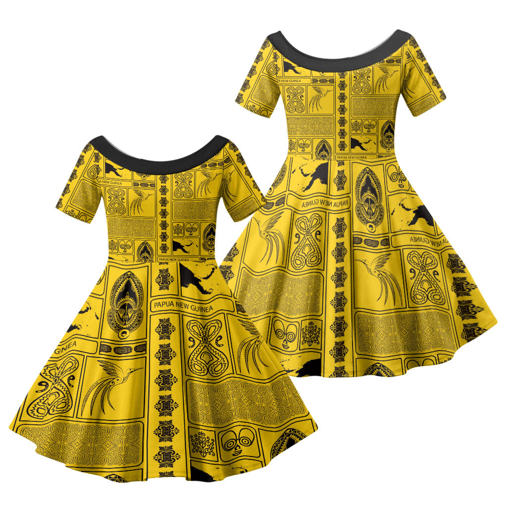 Papua New Guinea Heritage Motif Family Matching Off Shoulder Maxi Dress and Hawaiian Shirt Yellow Version