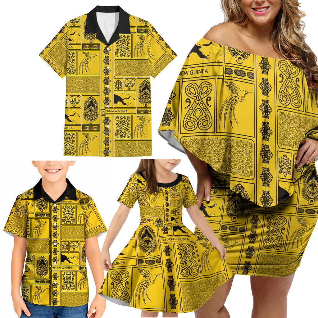 Papua New Guinea Heritage Motif Family Matching Off Shoulder Short Dress and Hawaiian Shirt Yellow Version