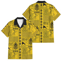 Papua New Guinea Heritage Motif Family Matching Off Shoulder Short Dress and Hawaiian Shirt Yellow Version