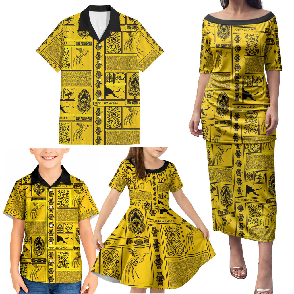 Papua New Guinea Heritage Motif Family Matching Puletasi and Hawaiian Shirt Yellow Version