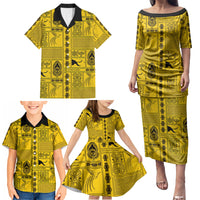 Papua New Guinea Heritage Motif Family Matching Puletasi and Hawaiian Shirt Yellow Version