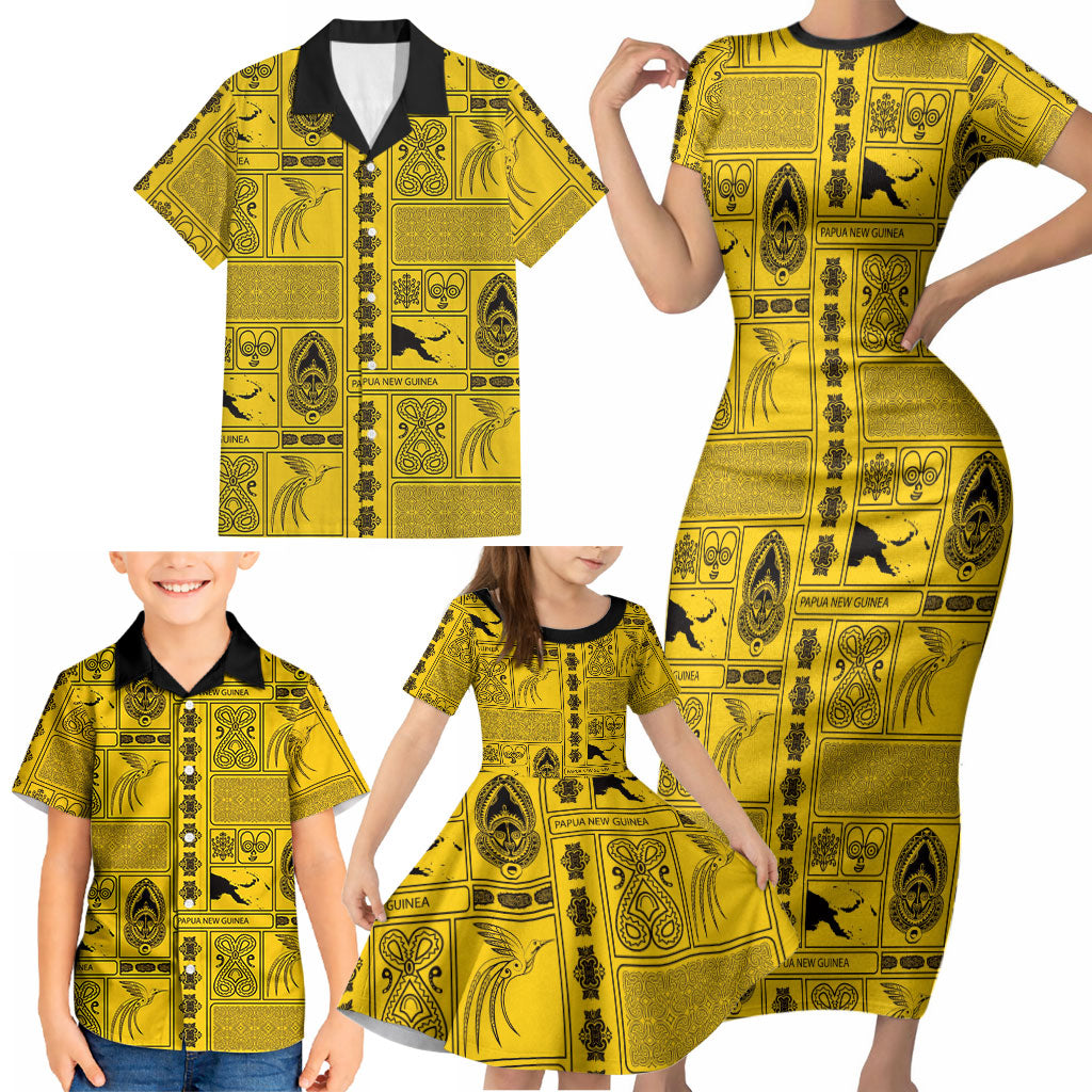 Papua New Guinea Heritage Motif Family Matching Short Sleeve Bodycon Dress and Hawaiian Shirt Yellow Version