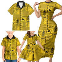 Papua New Guinea Heritage Motif Family Matching Short Sleeve Bodycon Dress and Hawaiian Shirt Yellow Version