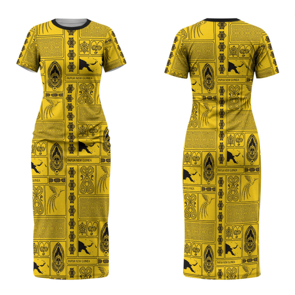 Papua New Guinea Heritage Motif Family Matching Short Sleeve Bodycon Dress and Hawaiian Shirt Yellow Version