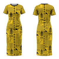 Papua New Guinea Heritage Motif Family Matching Short Sleeve Bodycon Dress and Hawaiian Shirt Yellow Version