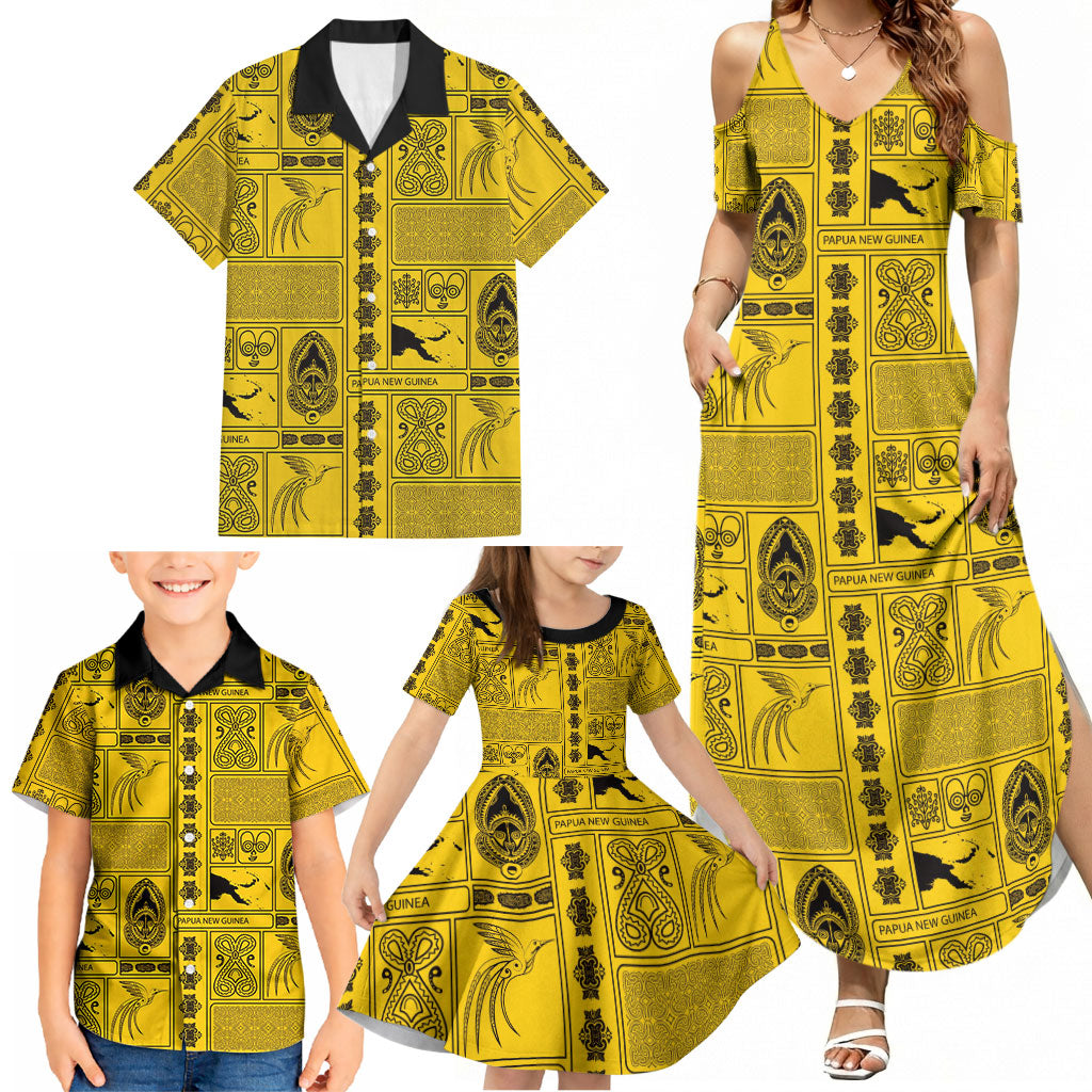 Papua New Guinea Heritage Motif Family Matching Summer Maxi Dress and Hawaiian Shirt Yellow Version