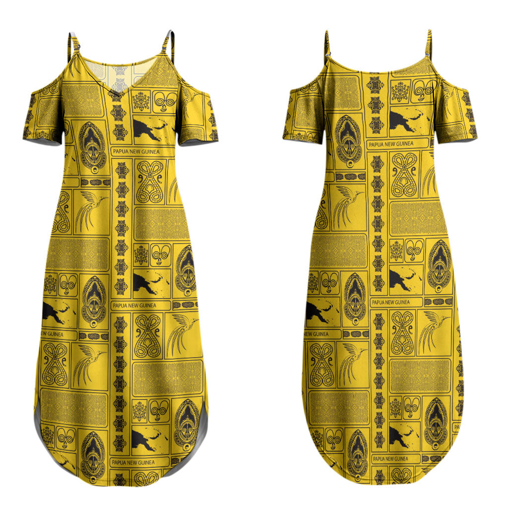 Papua New Guinea Heritage Motif Family Matching Summer Maxi Dress and Hawaiian Shirt Yellow Version