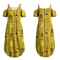 Papua New Guinea Heritage Motif Family Matching Summer Maxi Dress and Hawaiian Shirt Yellow Version