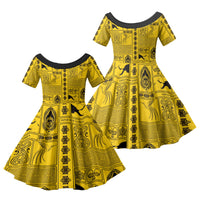 Papua New Guinea Heritage Motif Family Matching Summer Maxi Dress and Hawaiian Shirt Yellow Version