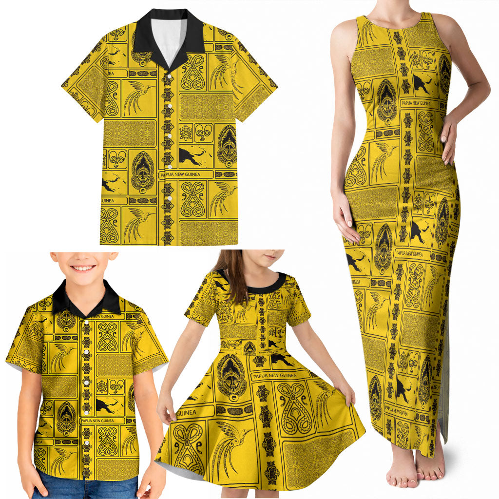 Papua New Guinea Heritage Motif Family Matching Tank Maxi Dress and Hawaiian Shirt Yellow Version