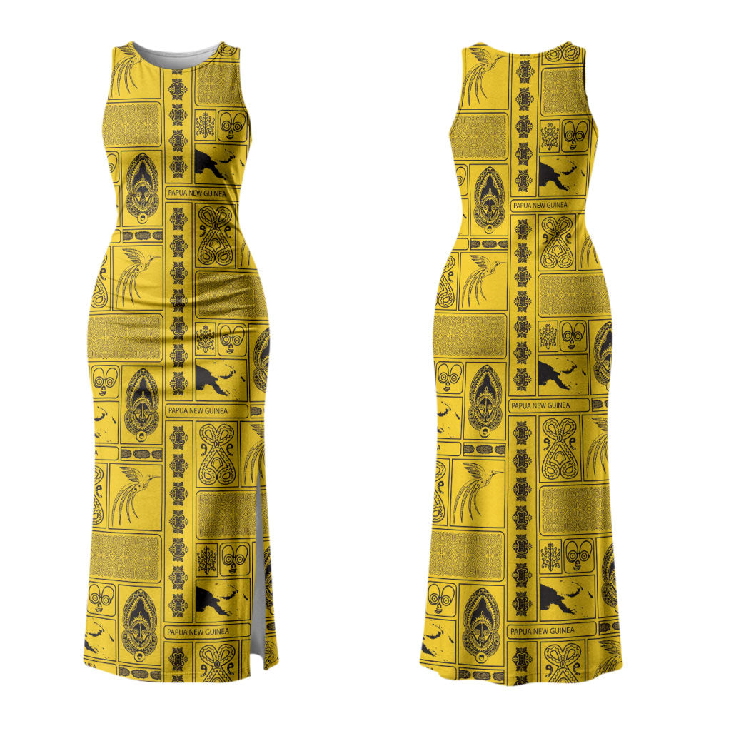 Papua New Guinea Heritage Motif Family Matching Tank Maxi Dress and Hawaiian Shirt Yellow Version