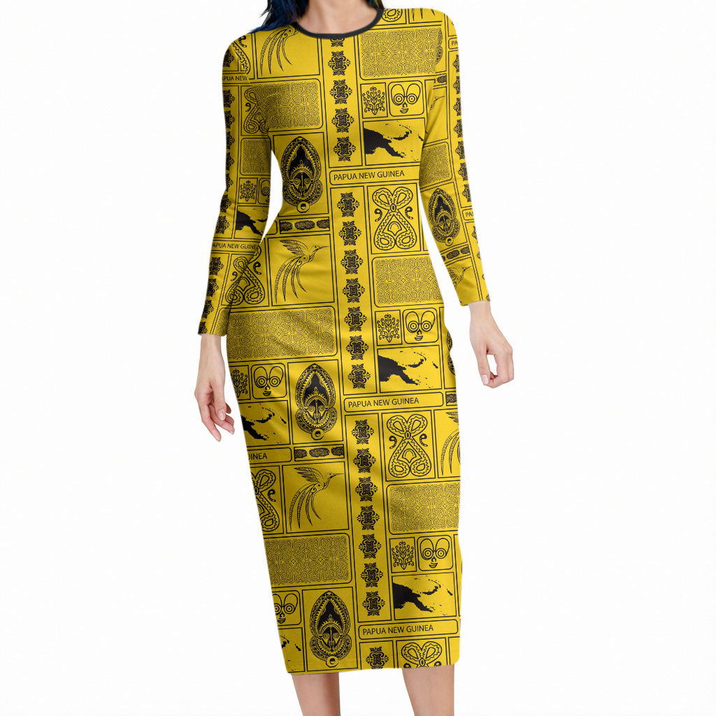 Papua New Guinea Heritage Motif Long Sleeve Bodycon Dress Yellow Version