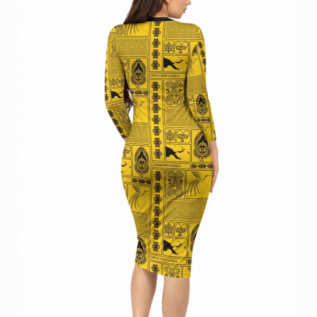 Papua New Guinea Heritage Motif Long Sleeve Bodycon Dress Yellow Version
