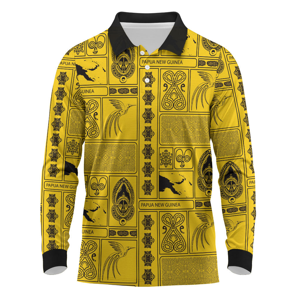 Papua New Guinea Heritage Motif Long Sleeve Polo Shirt Yellow Version