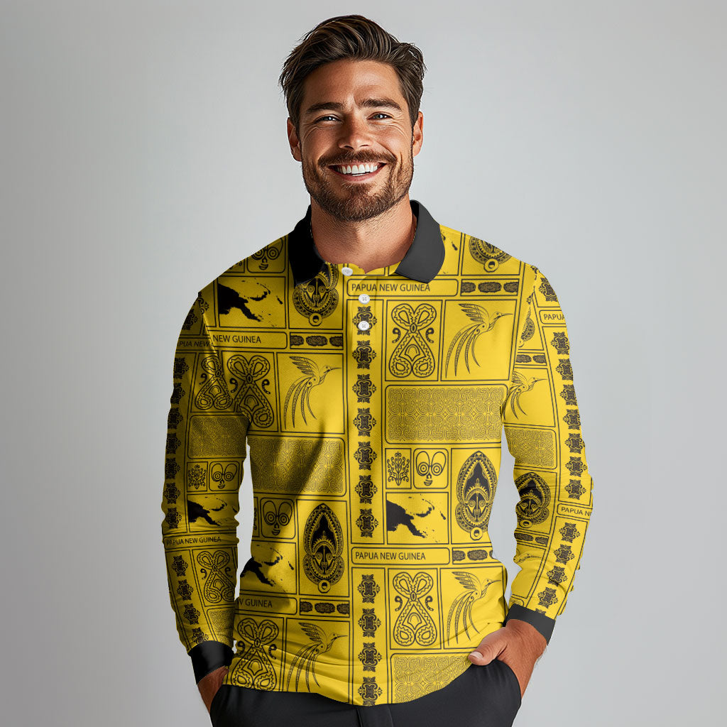 Papua New Guinea Heritage Motif Long Sleeve Polo Shirt Yellow Version
