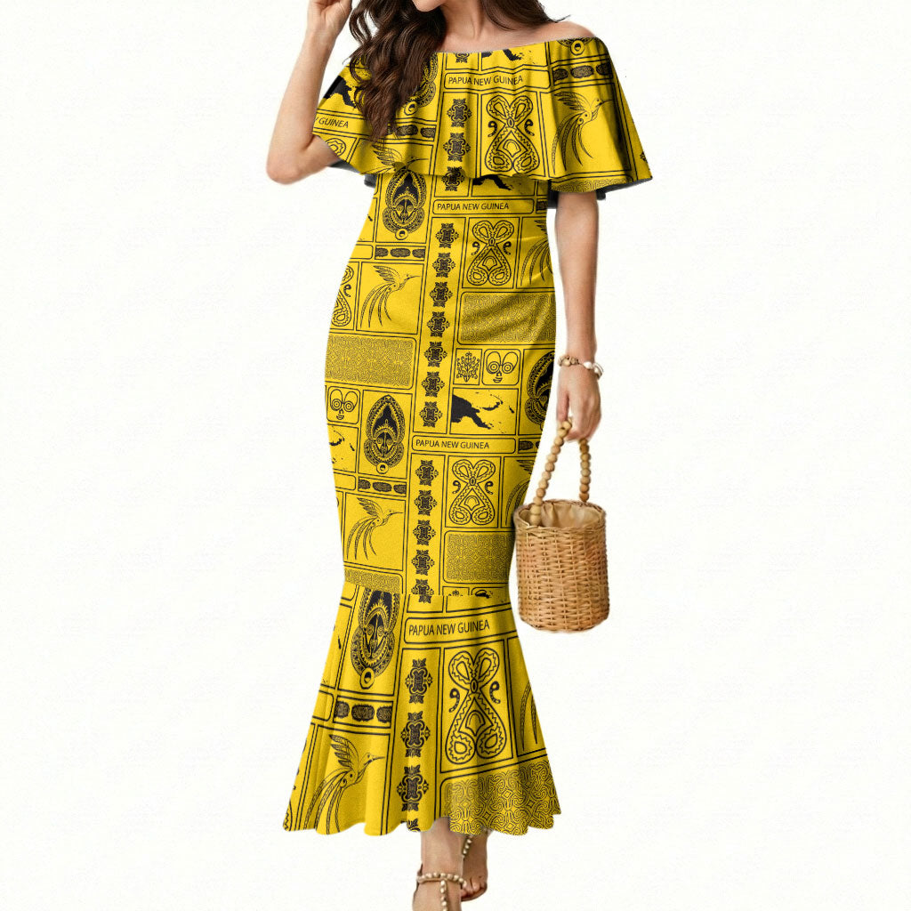 Papua New Guinea Heritage Motif Mermaid Dress Yellow Version LT05 Women Yellow - Polynesian Pride