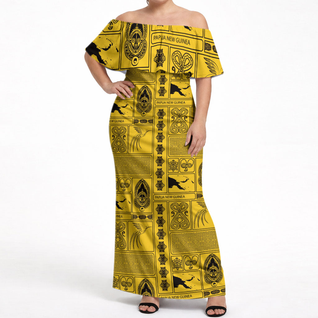Papua New Guinea Heritage Motif Off Shoulder Maxi Dress Yellow Version