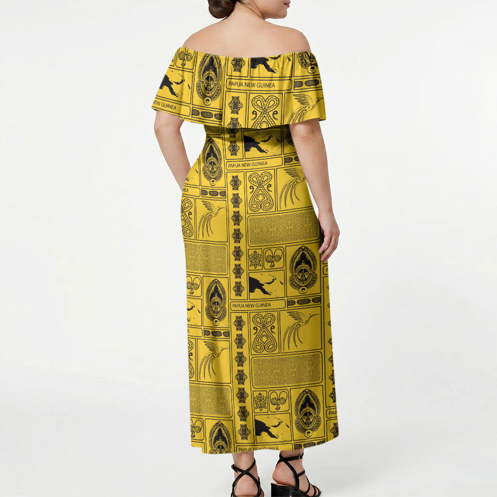 Papua New Guinea Heritage Motif Off Shoulder Maxi Dress Yellow Version