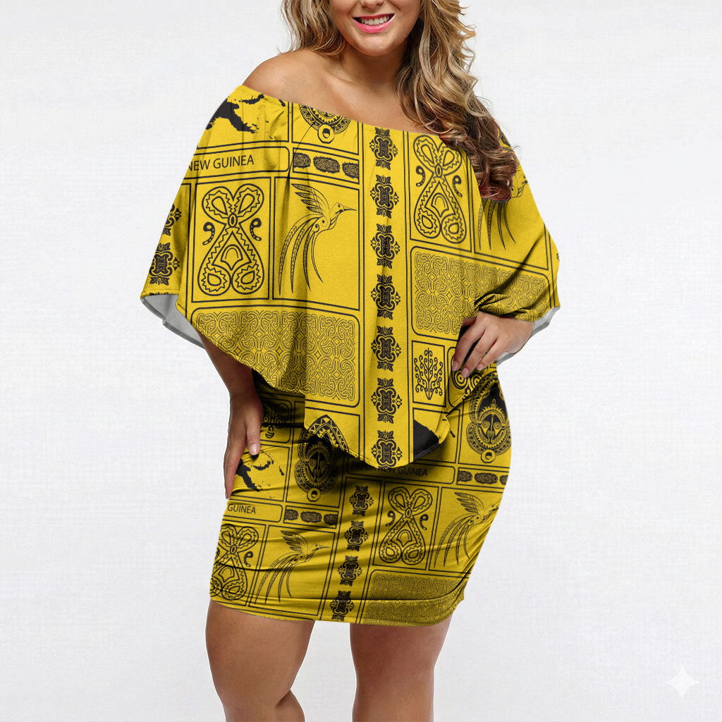 Papua New Guinea Heritage Motif Off Shoulder Short Dress Yellow Version