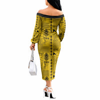 Papua New Guinea Heritage Motif Off The Shoulder Long Sleeve Dress Yellow Version