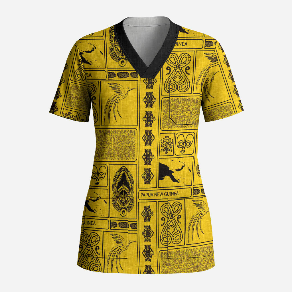 Papua New Guinea Heritage Motif Scrub Top Yellow Version