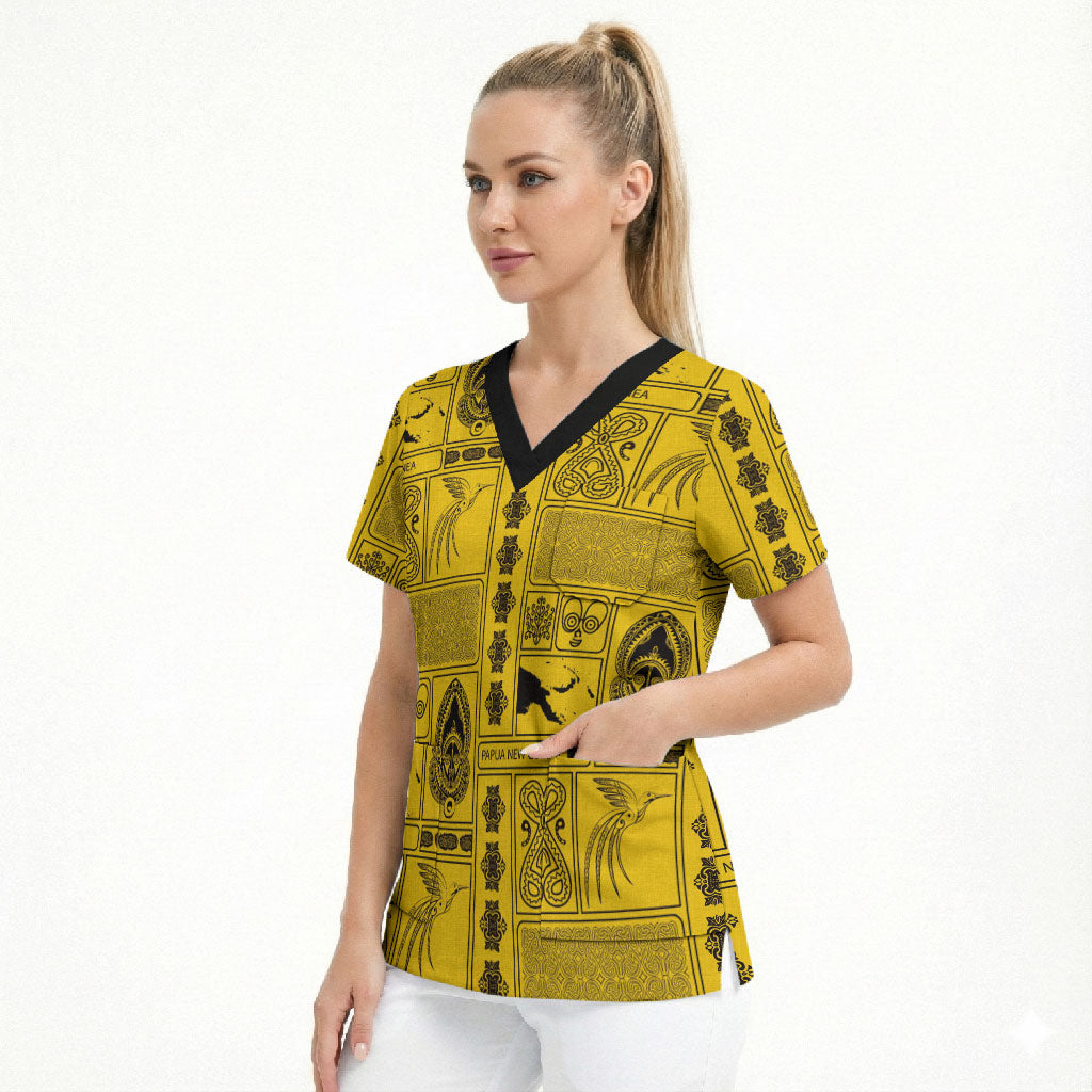 Papua New Guinea Heritage Motif Scrub Top Yellow Version
