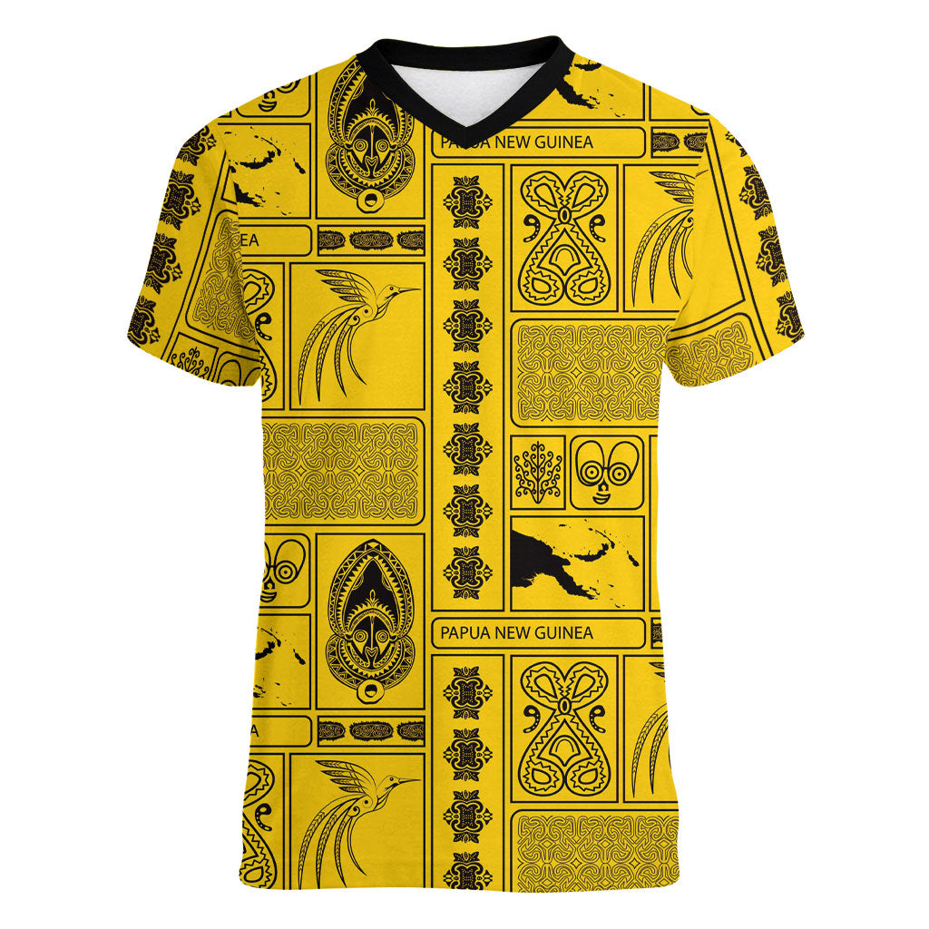 Papua New Guinea Heritage Motif Women V-Neck T-Shirt Yellow Version